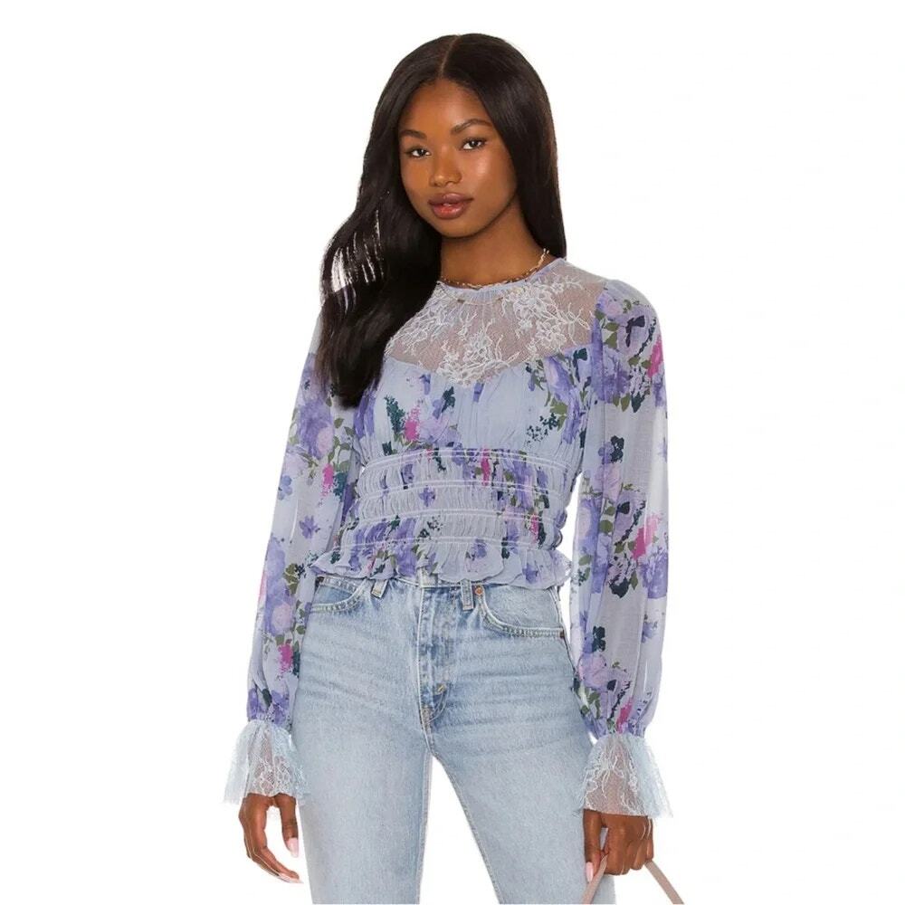 Free People Daphne Floral Lace Blouse In Silver Blue Combo NWT XS